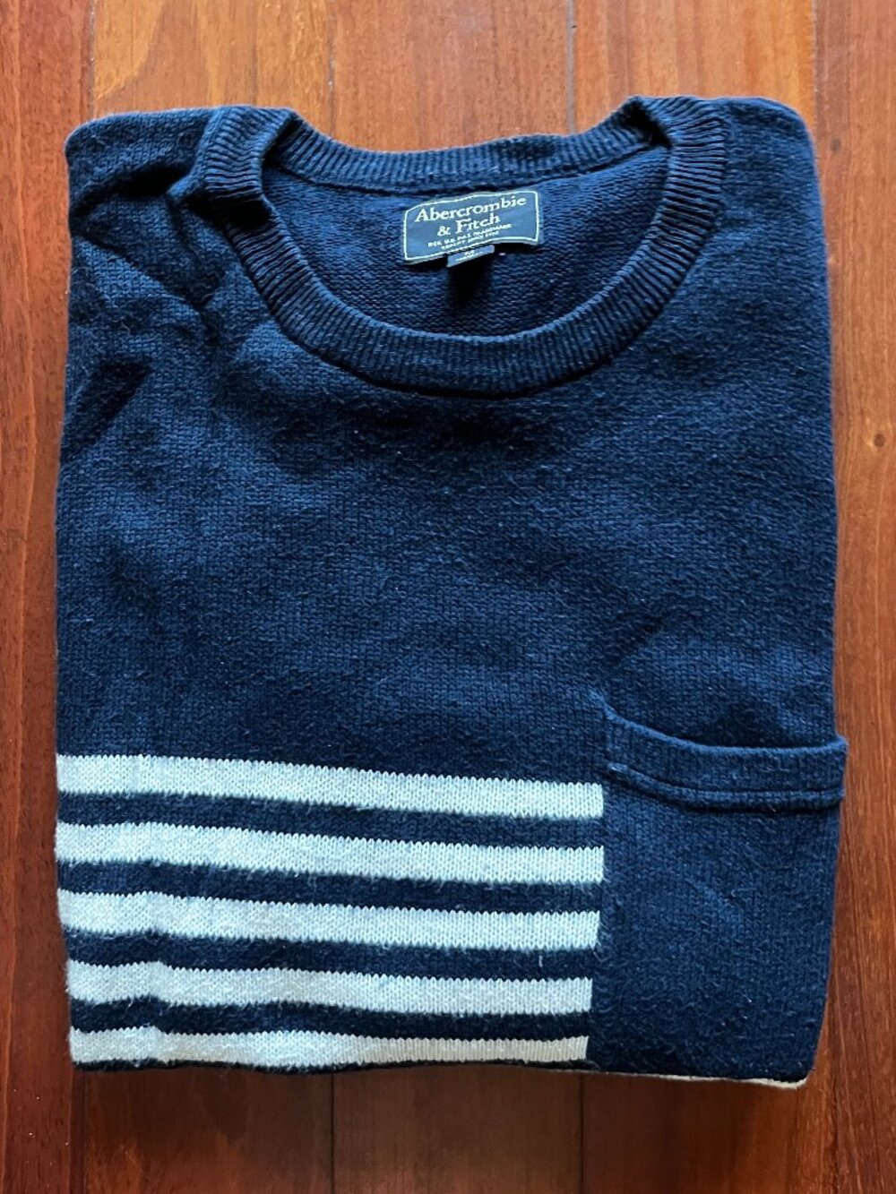Abercrombie & Fitch Navy Stripe Knit Sweater Pocket Crewneck M